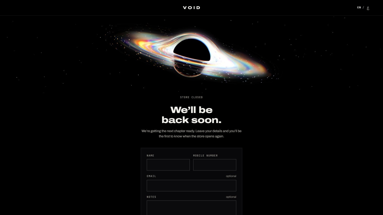 VOID streetwear storefront — live homepage in store-closed mode